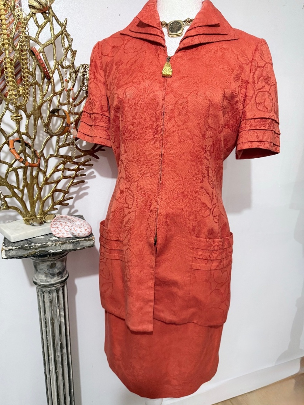 VTG 90's  David Warren NY Suit Orange Jacquard Floral w/ Statement Collar SZ 6